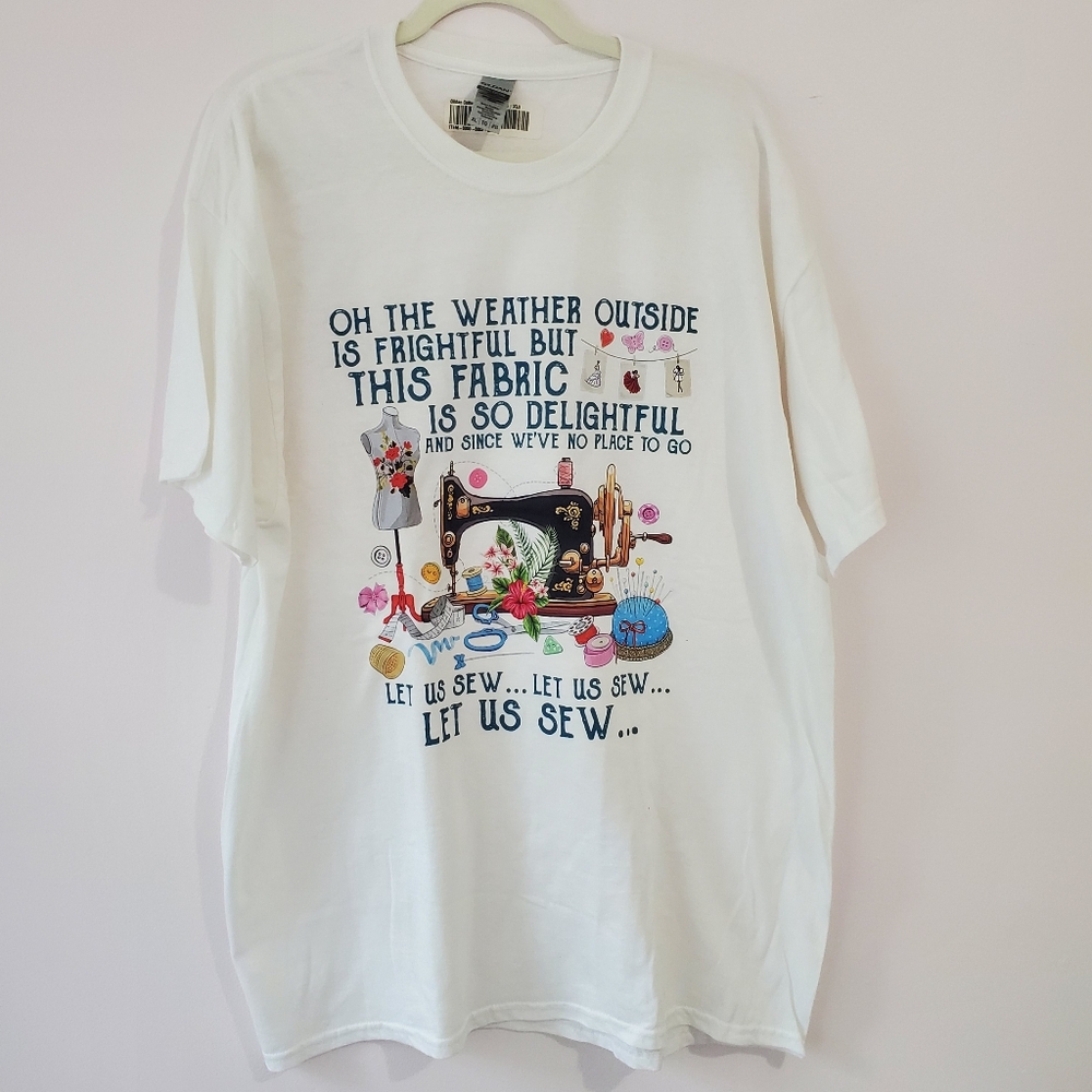 Gildan White Graphic T-Shirt With Sewing Theme XL Casual  Streetwear Artsy NWT